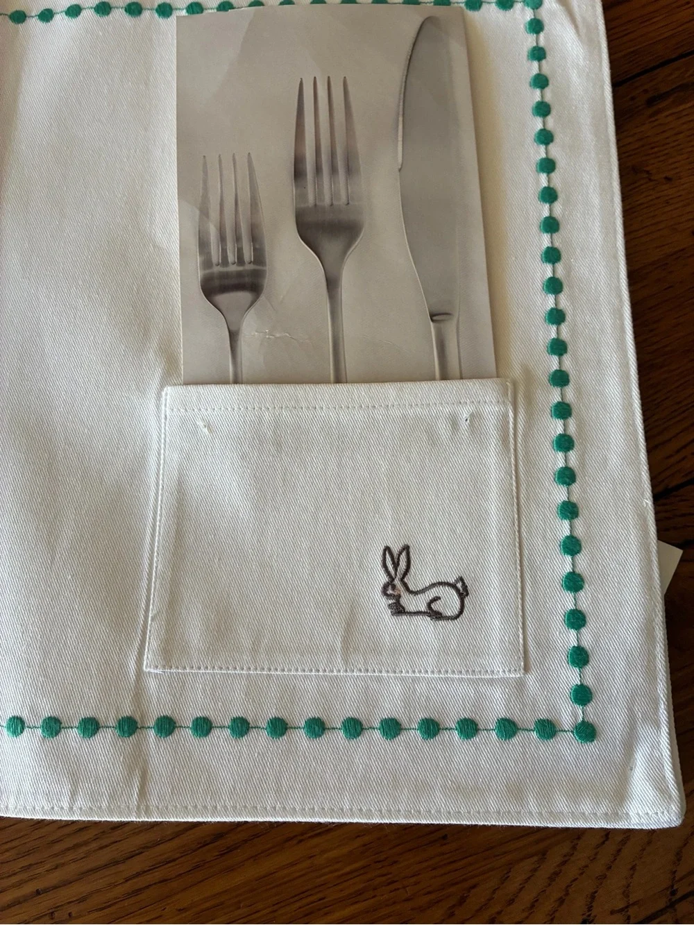 White Placemat with Teal Dot Border and Embroidered Bunny